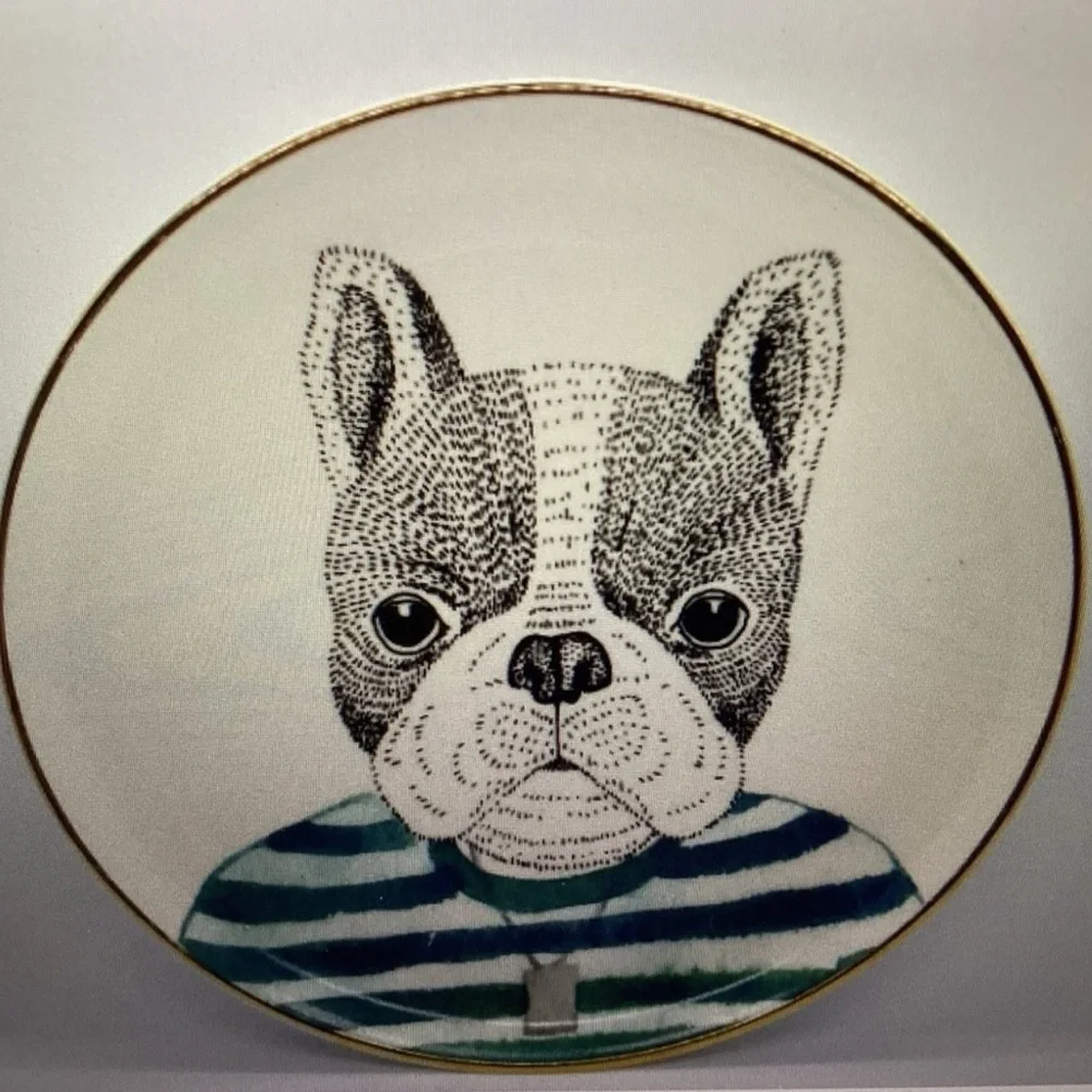PIER 1 Book Club FRENCH BULLDOG Fine China Salad Plates Gold Trim Set/2